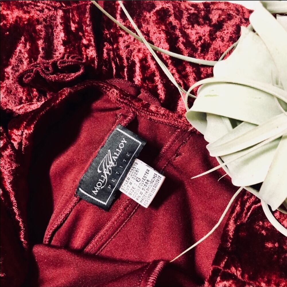 VINTAGE Maroon Burgundy Crushed Velvet Long Sleeve Midi Rosette Applique Dress 6 - Picture 7 of 8